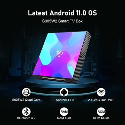 Android 11 TV Box S905W2 USB 2.0 3D 4K UHD 4GB RAM 64GB ROM 2.4G 5G DUAL BAND WIFI со BT 4.2 WiFi Media Player со Backitlit Mini тастатура Поставена Топ ТВ -кутија