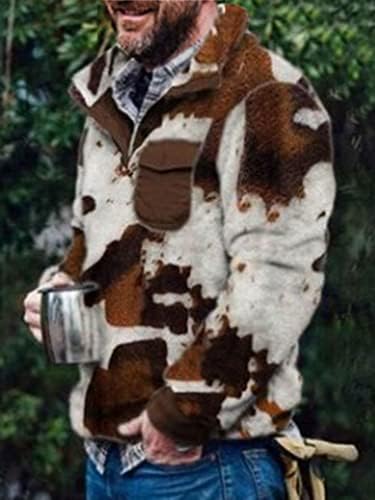 Оунар машка нејасна дуксер Шерпа руно, западна Ацтек карирана јакна есен зимски топло палење палто со џеб