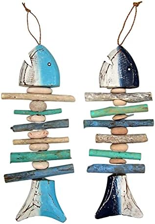 Риба коски со stonesидна уметност со камења, разновидни бои, декор на плажа, сет од 2, 14 инчи