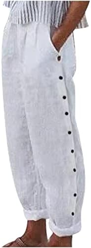 Tunuskat бели капри панталони женски памучни постелнини високи половини за влечење панталони со џебови кои се обидоа да се исечат