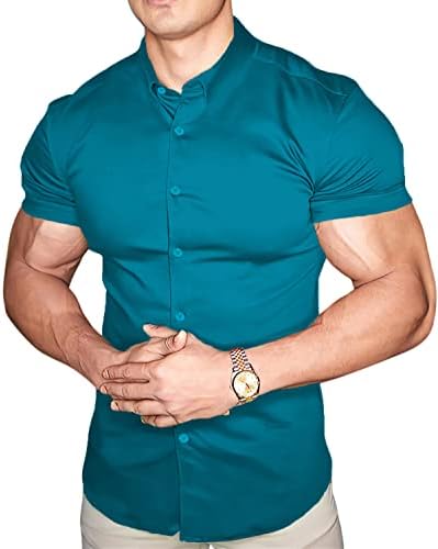 Обични кошули за фустани за машка мускулатура со кратки ракави за атлетски вклопни кошули надолу