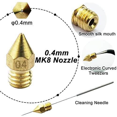 0,4мм 3Д млазници за печатач, 10 парчиња месинг МК8 Екструдер за млазница за Ендер 3 3Про CR-10 со комплет за чистење на не'рѓосувачки челик