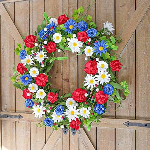 Меморијален ден на венец Патриотски украси 17,7 Вештачки црвени сини цвеќиња Весеки за одмори од влезна врата Дома wallид на отворено