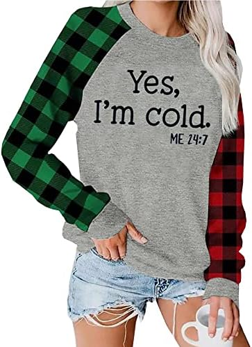 Да, јас сум ладно мене 24: 7 џемпер за жени гроздобер Божиќни влезови графички кошула спојувајќи ги обичните врвови со долг ракав