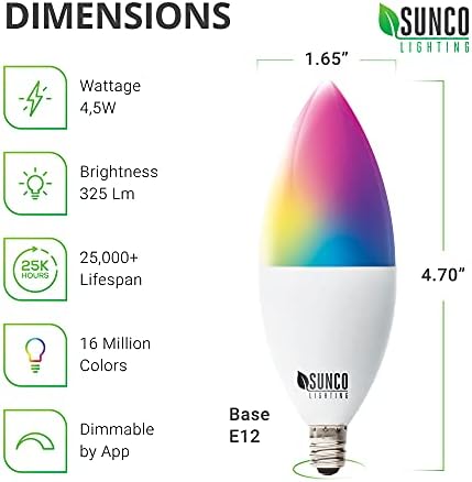 Sunco WiFi LED Паметна Сијалица, B11 Канделабри, 4.5 W, E12 База, Промена На Бојата, Затемнување, Компатибилен Со Alexa &засилувач;