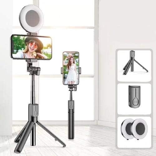 Штанд со Boxwave и монтирање компатибилен со Blu C5L - SelfiePod на Rinllight, Selfie Stick Extendable Arm со прстенеста светлина за Blu C5L - млаз црно