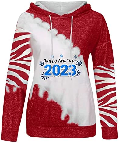 Oplxuo Среќна Нова Година дуксери за жени во боја блок со долги ракави на врвови на маички со буква, отпечатено лабава обичен џеб