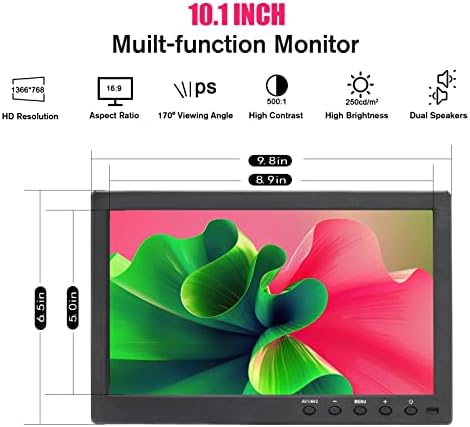 Караксри 10.1 Инчен Мал Монитор, 1366x768 16: 9 Монитор За Компјутерски Малина Pi CCTV Монитор, Поддршка HDMI/VGA/AV/BNC Влез со Далечински Управувач &засилувач; Вграден Во Звучници.