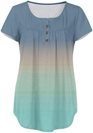 Женски цветни врвови на туники дневни обични маици модни копчиња V-врат со врата со кратки ракави маички за основни слоеви кошули