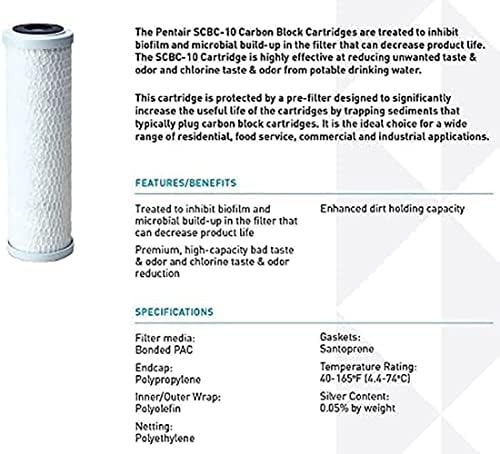 Пентаир ПЕНТЕК СКБЦ-10 Јаглероден Филтер За Вода, 10-Инчен, Под Кертриџ За Замена На Јаглероден Блок Импрегниран Со Мијалник, 10 х 2,5,