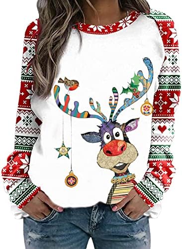 Грд Божиќен џемпер за жени Смешно слатко ирваси печати лепење на екипажот Божиќ џемпери дво-тон кошули со долги ракави