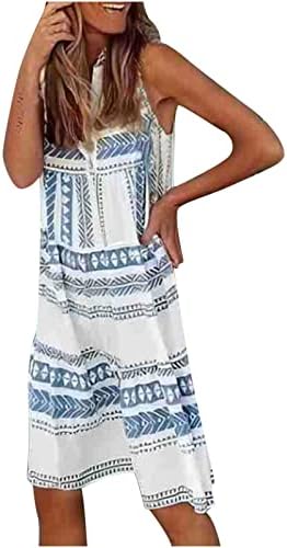 Летни фустани за жени Геометриски печати без ракави V вратот Миди резервоар Обичен плажа за одмор на плажа, маичка за одмор
