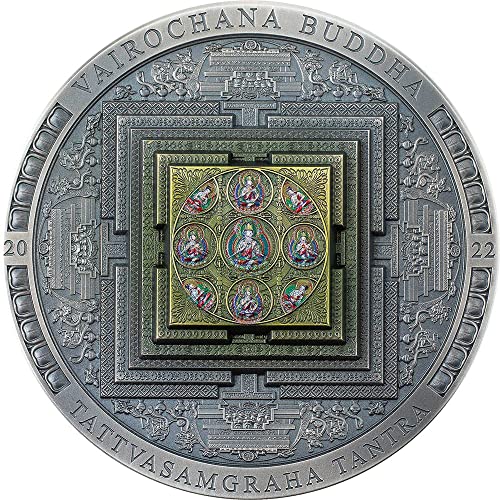 2022 де археологија симболика Powercoin vairochana budda mandala обоена 3 мл сребрена монета 2000 togrog mongolia 2022 антички финиш