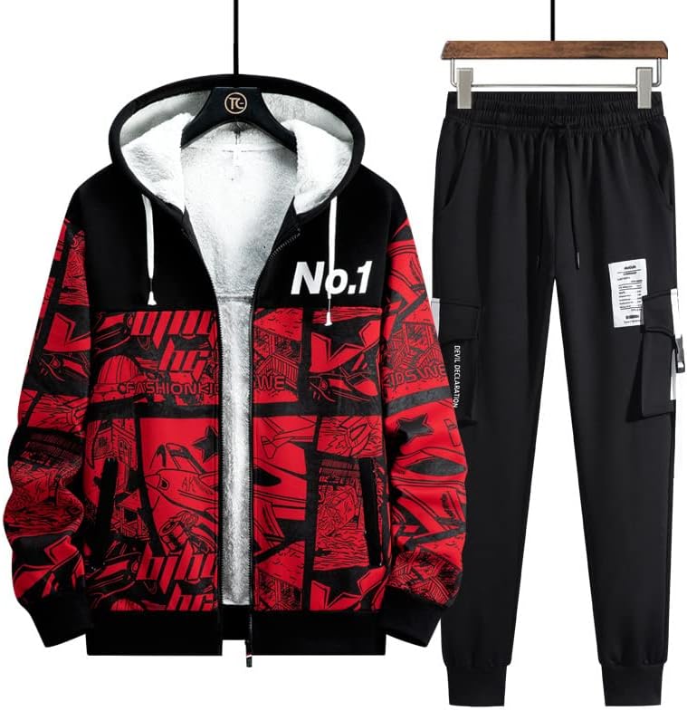 Tracksuit Set Men Jamper 2-парчиња есенски зимски качулки, згуснете топли џемпери за џемпери, поставуваат студенти палто