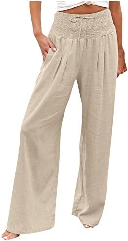 Панталони за жени, класични памучни постелнини летни панталони пантацо панталони со џебови