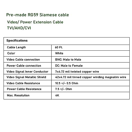 60 ft Пред-изработен RG59 Сијамски кабел TVI/AHD/CVI Видео/Енергетски продолжение 4K кабел, BNC: Машко до машки, DC: Машко до женско,