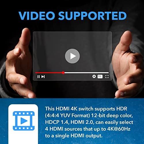 OREI 4K 4X1 HDMI прекинувач со аудио екстрактор 4 влез 1 излез - HDMI 2.0. Поддржува ARC/EARC, CEC, HDR10 и Dolby Vision.