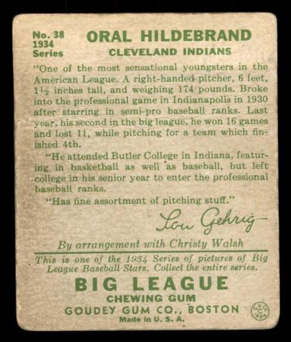 1934 година Гуди Редовна бејзбол картичка38 Орална Хилдебранд од Кливленд Индијци одделение добро