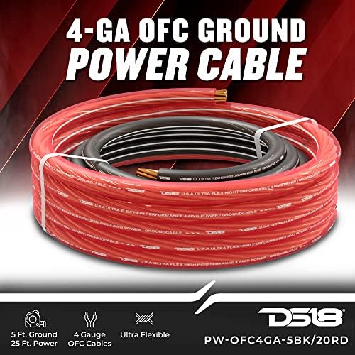 DS18 PW-OFC4GA-5BK/20RD Ultra Flex Power Wire OFC 4 мерач, 5FT-Black и 20FT-RED-комплет за жици за засилувач на напојување