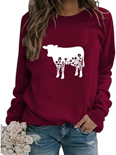 Женски цветни крави графички џемпери слатки симпатични смешни фарма куќа влечење врвови долги ракави екипаж џемпери цвеќиња цветни