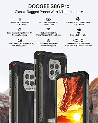 Отклучен смартфон Doogee Rugged, S86 Pro 8GB + 128 GB, 8500mAh, 2W звучник, инфрацрвен модул + 16MP тројна камера, IP68 водоотпорен мобилен