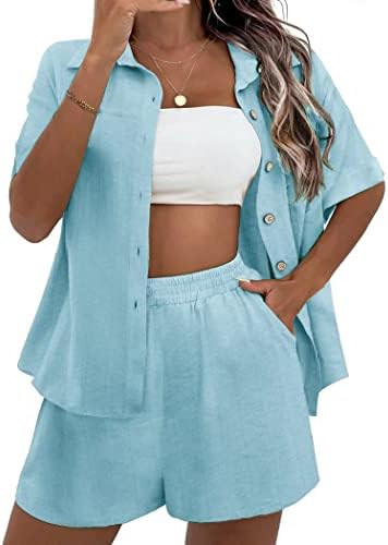Екоаер пижама се поставува за жени меки PJS салон со копче надолу врвови и шорцеви облеки од 2 парчиња со џебови