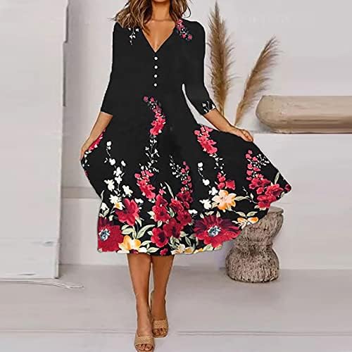 Фустани за џемпери на Nokmopo за жени 2022 случајно цветно печатење брановидно копче V-Neck 3/4 ракав пролетен есенски фустан
