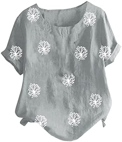 Лето жени памучна постелнина маичка плус големина на врвови трендовски пргавки печати кратки ракави тунични маички обични кошули со