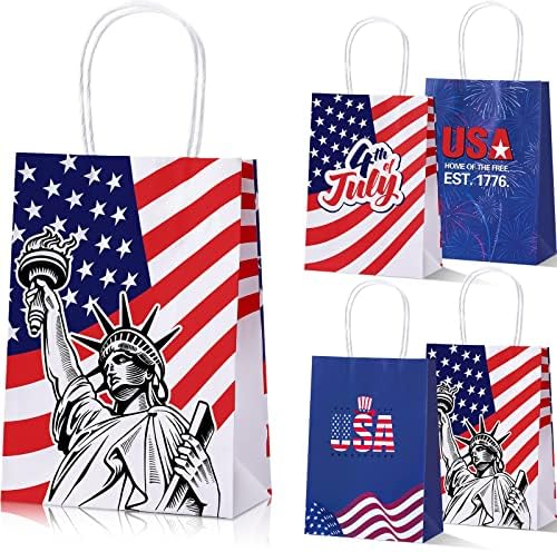 24 компјутери патриотски торби за подароци со рачки, 8,2 x 5,9 x 3,1 инчи 4 -ти јули Американски знамиња торби бело сини црвени
