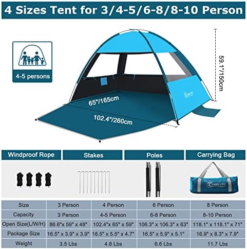 Шатор на шатори на плажа на плажата за 3/4-5/6-8/8-10 лице, UPF 50+ плажа засолниште за сонце засолниште, лесен, лесен, лесен поставен