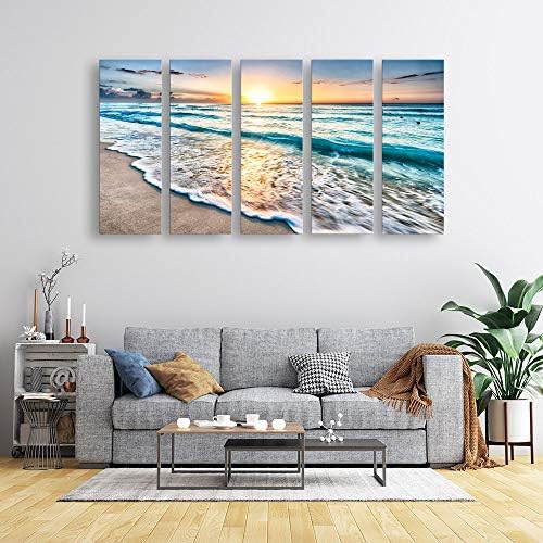 S02258 CANVAS отпечатоци wallидна уметност плажа зајдисонце на зајдисонце на океанот на океанот Слики испружени и врамени сини бранови Слики на