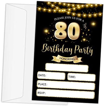 RLCNOT 80-Ти Роденден Покани Картички Со Пликови Во собата на 20-Класичен Црно Злато Роденден Покани За Тинејџери, Возрасни, Маж, Жена, Партија Прослава, Материјали/BDAY105