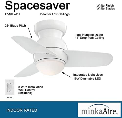 МИНКА-AIRE F510L-Wh Spacesaver 26 Инчен Мал Тавански Вентилатор Со Интегрирана 15W LED Светлина Во Бела Завршница