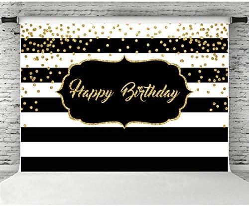 Црно -бели ленти Среќен роденден Заднини златни сјајни точки роденденска забава Фотографија Позадина за возрасни слатка роденденска забава Фото Банер реквизити 7x