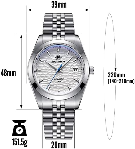 Addiesdive Manive Watch Watch, автоматски фустан часовник Sapphire Crystal Mirror 100m водоотпорен не'рѓосувачки челик NH35A аналогни тенки механички часовници за мажи 3Д бирање