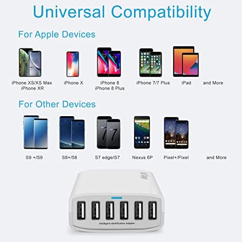 USB Charger 60 Watt 12A 6-Port PowerPort 6 Multi USB wallид станица за полнење со повеќе USB-центри за USB полнач за Apple iPhone/iPad Air/Samsung/Galaxy/Note/LG/HTC/таблети