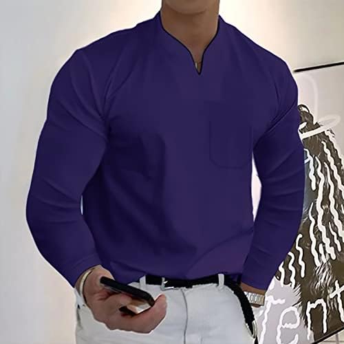 Машки V вратот Хенли кошули со долг ракав, пролетен мускул Тенок фит деловна маица без јаки врвови со џеб