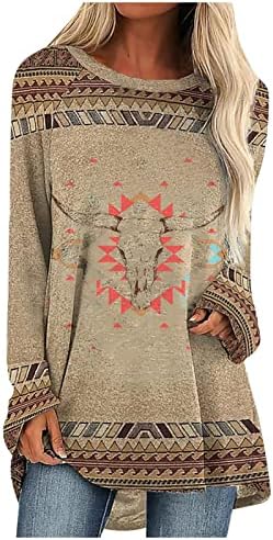 Маичка за есен и зимска рунда за вратот за жени печатени маица со долги ракави, обични врвови на маички за џвакање