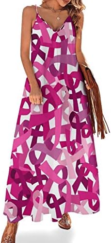 Розова Лента Свест За Рак На Дојка Женски Долг Макси Фустан Лизгање Печатење Плажа Без Ракави Смешно