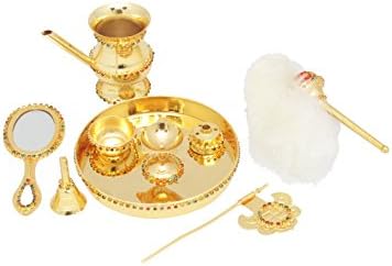 Goldgiftideas 24k злато позлатена Jain Diamond Pooja Thali Set, Pooja Thali Декоративна плоча, уникатен празничен подарок