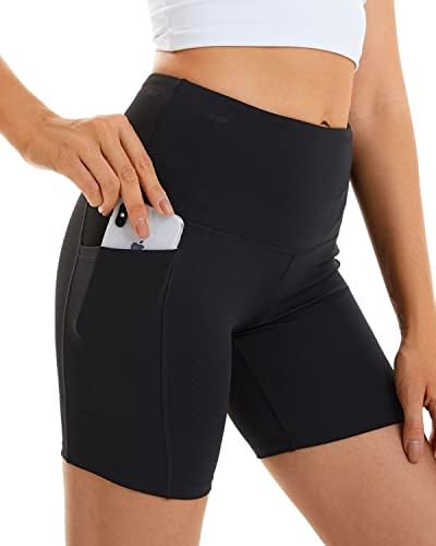 Diashiny жени јога шорцеви високи половини велосипедисти атлетски со странични џебови за контрола на стомакот