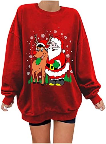 Женски преголеми џемпери слатки слатки смешни божиќни графички кошула за печатење, обична лабава тинејџерска девојка пуловер врвови