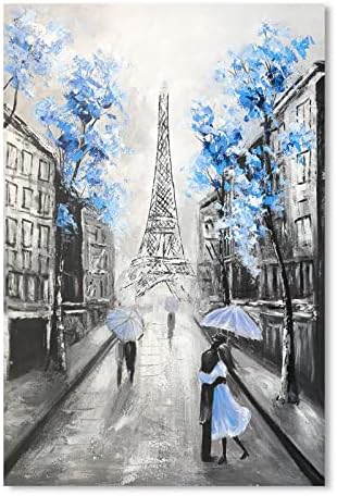 Ypy Апстракт Париз платно Wallидна уметност: Црна бела Ајфелова кула слика за декор за дневна соба, сина сива рака обоена текстурирана