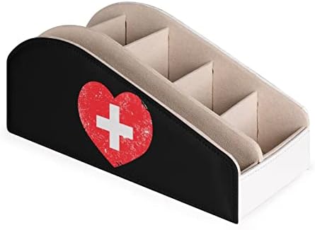 Швајцарија Срце Ретро Знаме Држач За Далечински Управувач со 6 Прегради Стп Кожна Маса Организатор Кутија За Складирање За Домашна Канцеларија