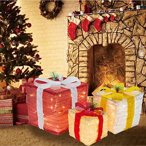 Ксинксин сет од 3 божиќни осветлувања кутии за подароци со водоотпорен приклучок во напојување за Божиќна декорација, свадбен двор и декорација
