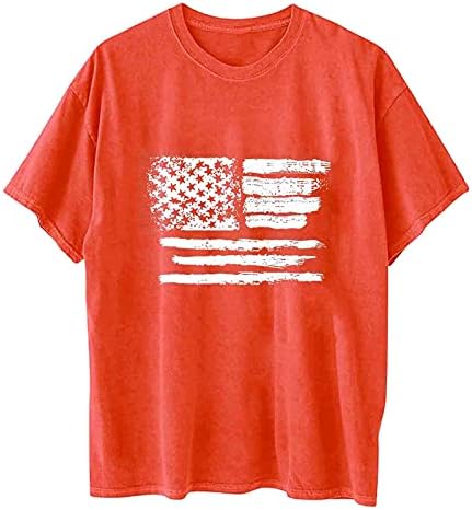 4-ти јули 2023 година маици за жени Американски кошули со знаме за печатење на екипаж на екипаж на кратки ракави блузи лабави вклопени