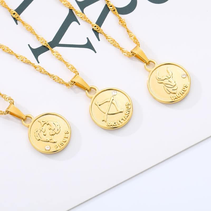 T3store Round Pendant Zodiac Sign Минимализам накит за жени девојки Водолија Пики Стрелци ѓердани BFF - Роуз злато боја - N00999-12-37053