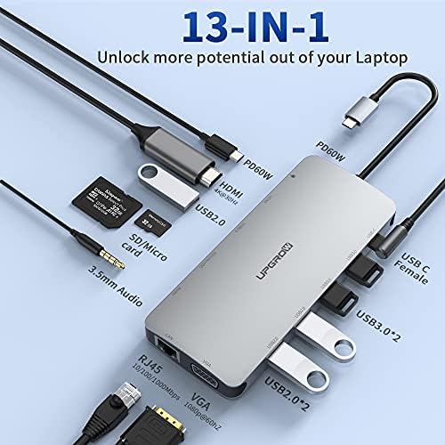 USB C Докинг Станица, MACBOOK HDMI Адаптер 13-ВО-1 Upgrow Type-C Центар СО 4K HDMI, VGA, USB 3.0&засилувач; 2.0, USB C/F, Pd Полнач, SD/TF, RJ45, Aux, USB C Ethernet Адаптер Сплитер За Повеќето Тип C Лаптопи
