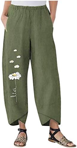 Земјоделски женски капри влечење на панталони маргаритка печати лабава лабава фитинг еластична постелнина капри панталони за жени памук