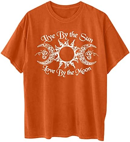 Womenените сонце и месечина графичка маичка за печатење преголема кратка ракав екипаж на вратот на вратот на вратот на рамената на маиците
